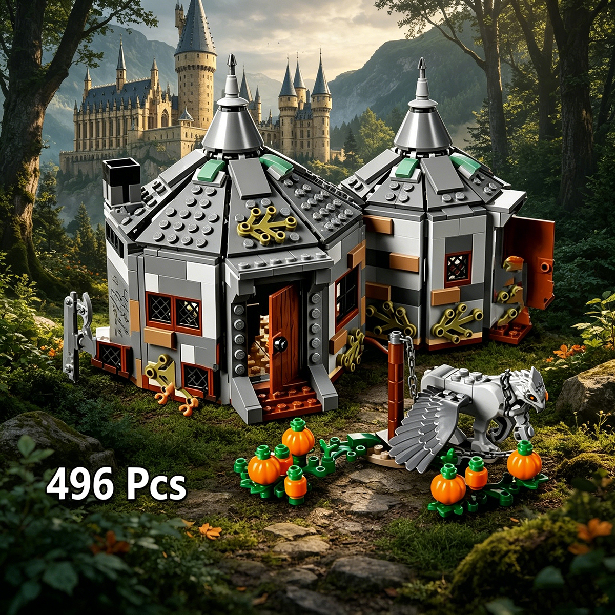 496 個ファンタジーマジックラウンド小屋ビルディングブロックセット MOC ウィザードコテージモデル飛行獣カボチャのシーン DIY レンガのおもちゃ