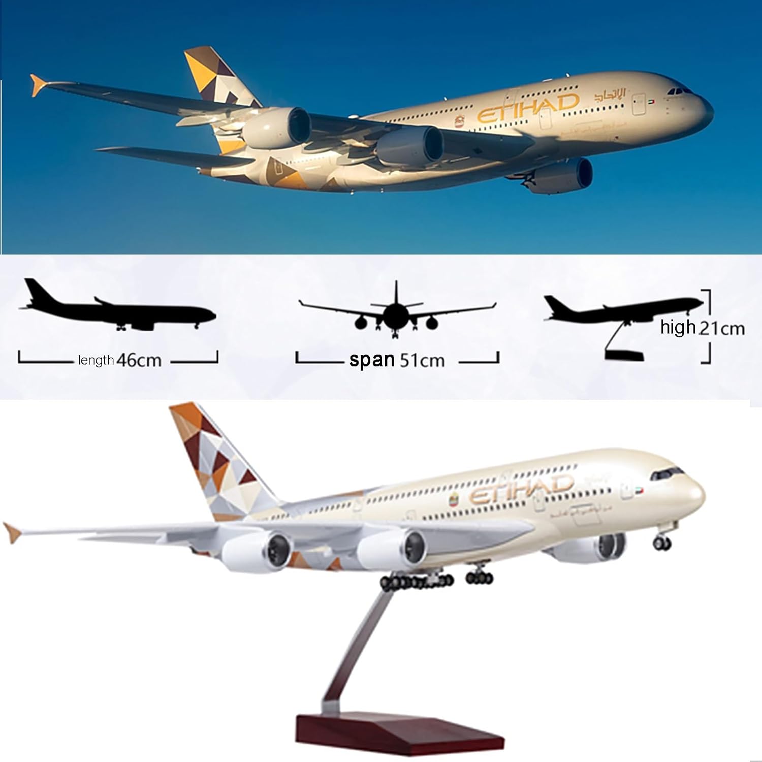 A380 エティハド航空 航空機モデル 1:160 スケール 樹脂静的ディスプレイ 音声制御ライト付き 取り外し可能なホイール 収集価値のある Aviati