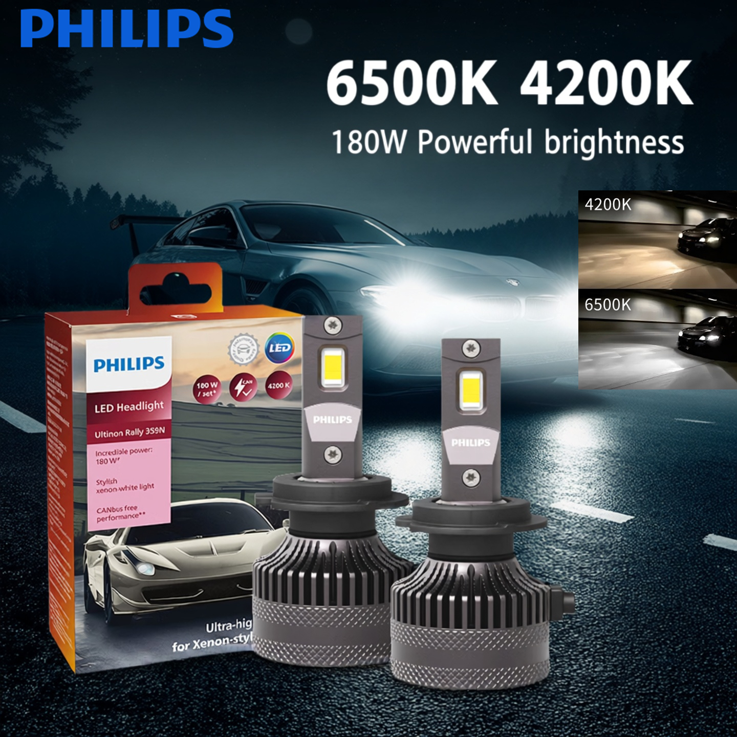 フィリップス LED 15000lm Ultinon ラリー 3590 H4 H7 H8 H11 HB3 HB4 H19 HIR2 H1 車のヘッドライト 6500K ホワイト 最大出力 180W 12V 4200K U359N