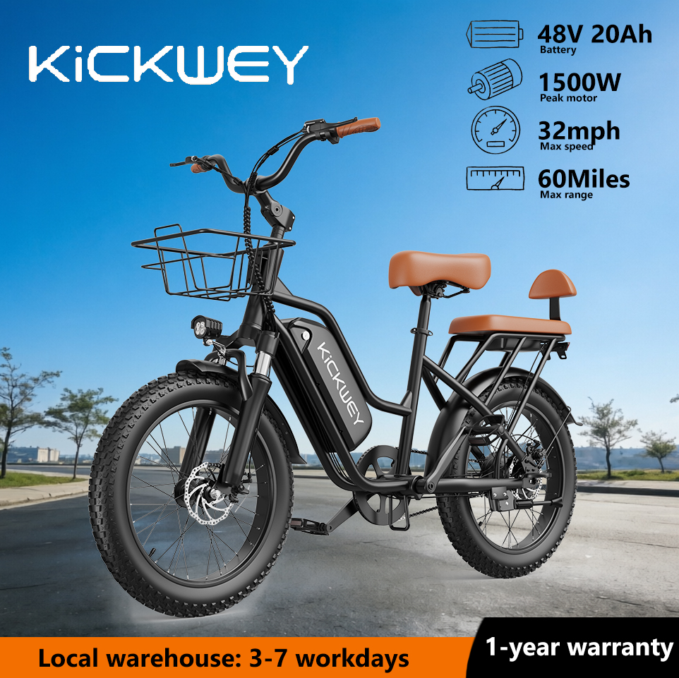 Kickwey LD20 電動自転車 大人用 2人乗り 20インチ ファットタイヤ電動自転車 1500W ピーク 48V 20Ah 取り外し可能バッテリー シティコミューター電動自転車