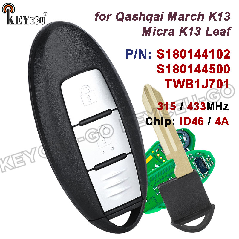 KEYECU 315MHz/433.92MHz S180144500 TWB1J701 S180144102 日産キャシュカイマーチ K13 マイクラ K13 リーフリモートキーフォブ 2 ボタン