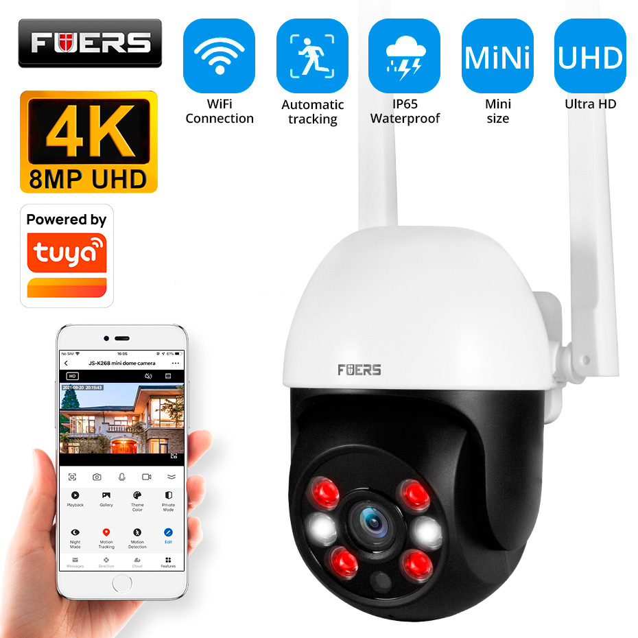 Fuers 8MP 4K IP カメラ屋外ホームセキュリティ自動追跡 AI 人体検出 WIFI CCTV 監視カメラ Tuya スマートと連携