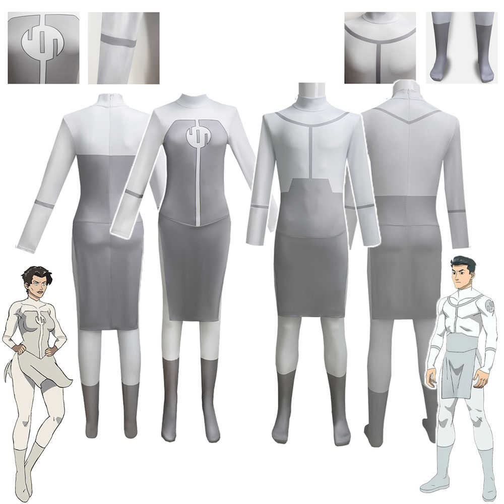 アニメ無敵 Viltrumite マークアニッサコスプレ衣装 Viltrumite グレーホワイトジャンプスーツ女性