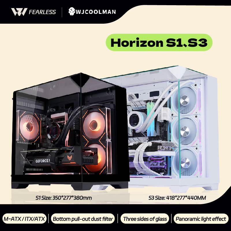 WJCOOLMAN Horizo​​n S1/S3 ATX/M-ATX PC ゲームケース 3 面ガラスシービュールーム 240/360 ウォータークーラーデスクトップコンピュータケース