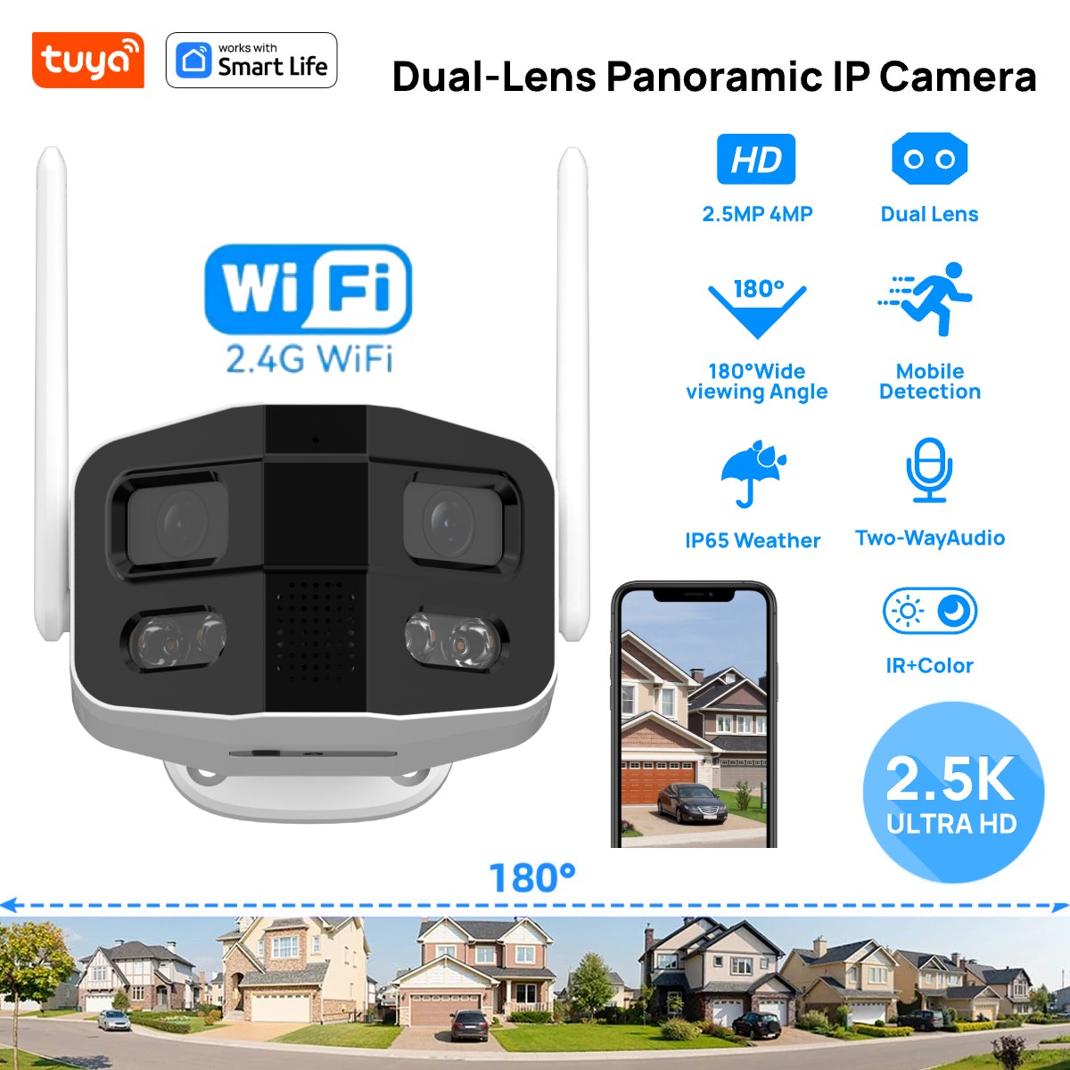 Tuya スマート 4MP 2.5K デュアルレンズ大型ワイド 180°セキュリティカメラ、屋外カメラ、カラーナイトビジョン/サイレン/双方向トーク IP カメラ付き