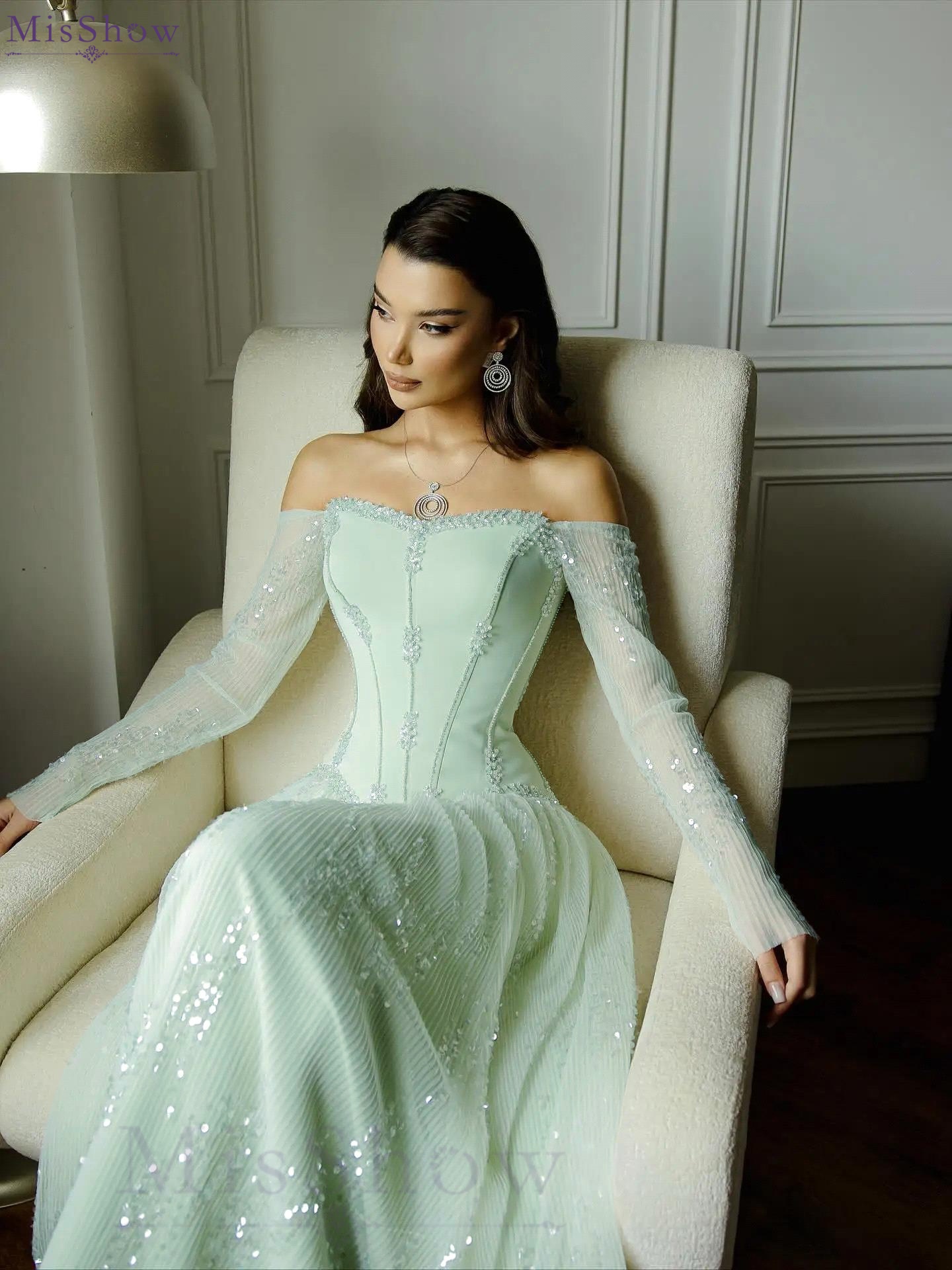 MisShow オフショルダーイブニングドレスエレガントなストラップレスシアーフルスリーブスパンコールビーズ A ラインフォーマルガウンカスタマイズ Vestidos