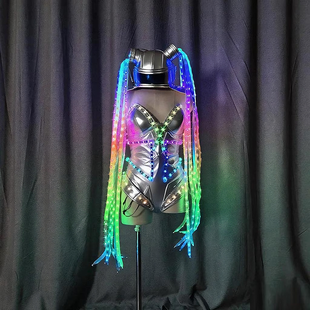 LED ジャンプスーツ 長い三つ編み付き フルカラー変化 ライトアップ ボディスーツ 女性用 ナイトクラブ パーティー レイブ ゴーゴー ダンサー ステージ パフォーマンス