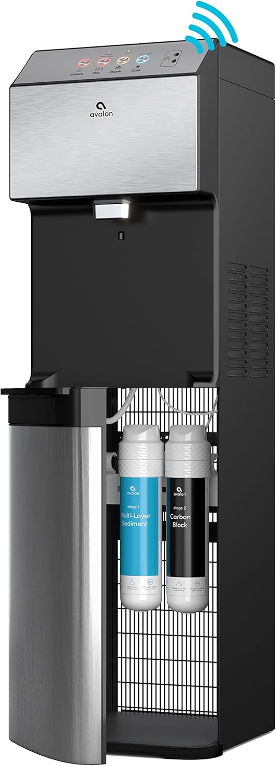 ステンレススチール製タッチフリー電動ボトルレスウォータークーラーディスペンサー、抗菌コーティング、3段階温度設定、デジタル時計付き