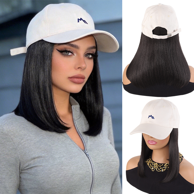 合成繊維ストレートミディアムレングスヘアのベージュベースボールキャップ – 女性用ウィッグハット一体型、自然な内巻きカールスタイル、E