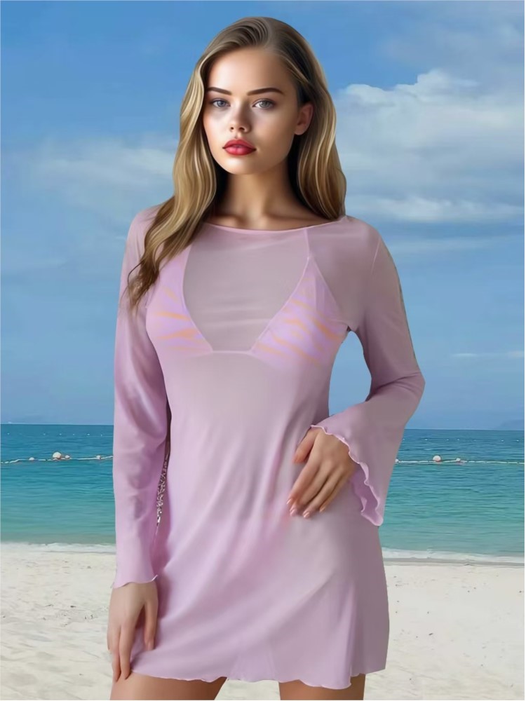 女性のセクシーなシアーメッシュビーチカバーアップドレス軽量ビキニローブ、ベルスリーブ付き、女性用夏休みドレス