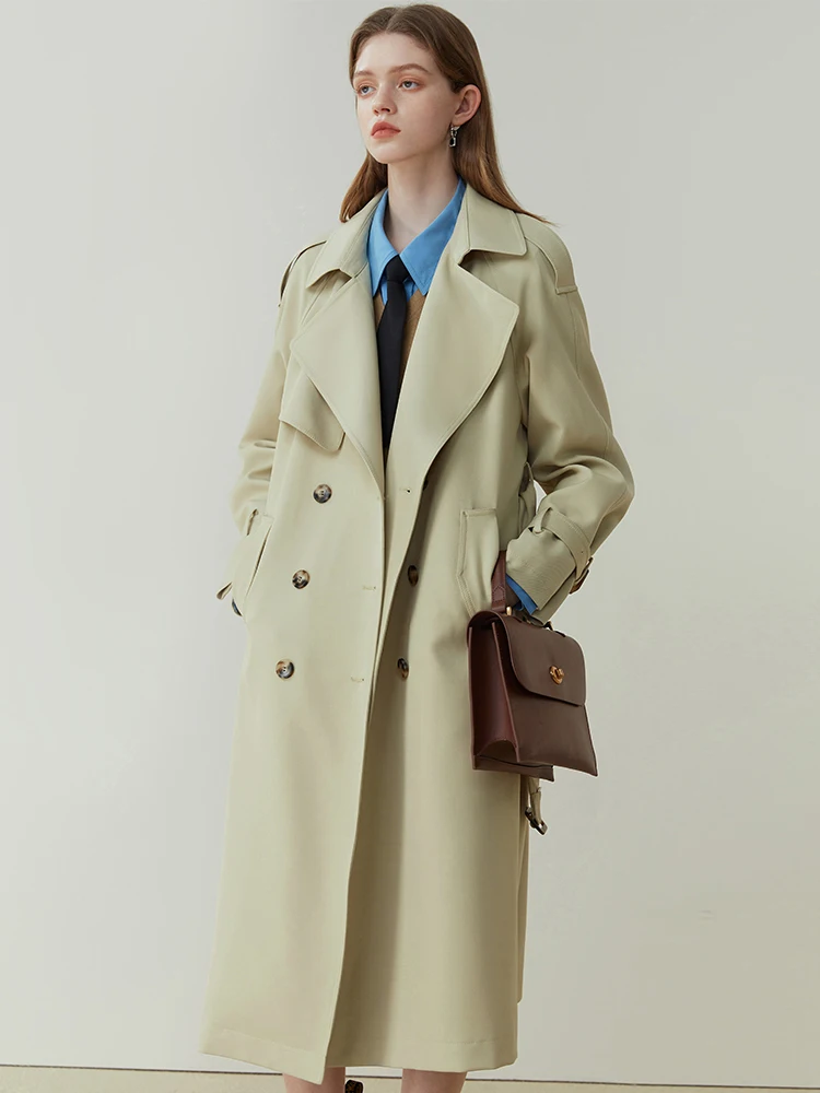 FSLE クラシックファッションダブルブレストミッドレングストレンチコート女性の春の新英国スタイル固体オールマッチ防風女性のための