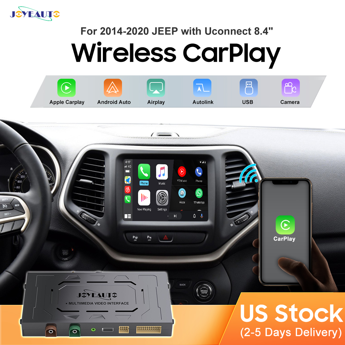 JoyeAuto ワイヤレス CarPlay レトロフィットキット デコーダー ジープ グランドチェロキー コマンダー コンパス Uconnect 8.4 2014-2020MY Android Auto用