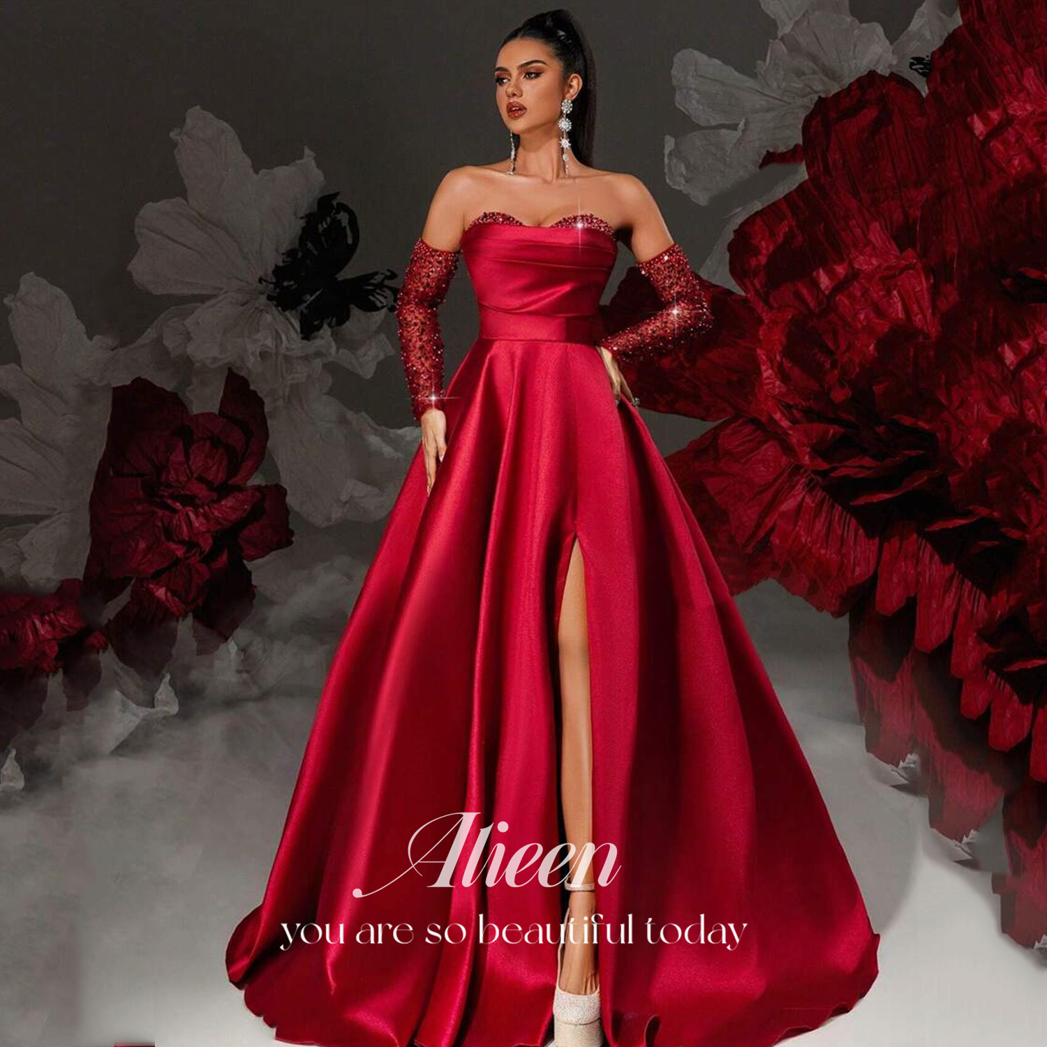 Aileen Bead Embroidery Evening Dresses Sweetheart Beautiful Prom Dresses Store A-line Customized Red فساتين سهرة Satin 2025