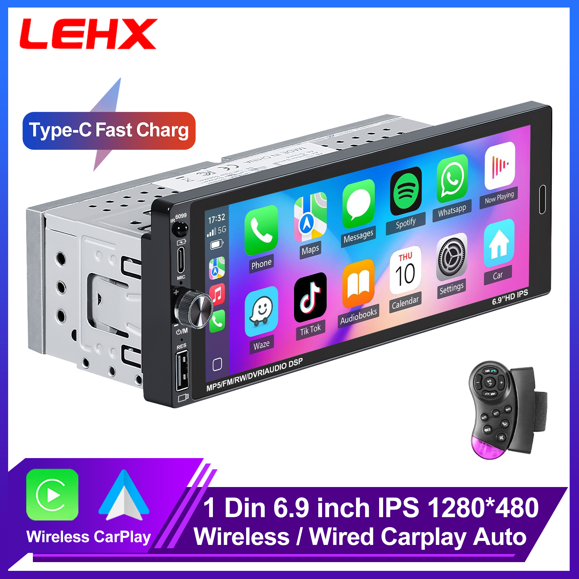 LEHX 6.9 インチ 1DIN ユニバーサル MP5 カーラジオサポートワイヤレス Carplay Android AUTO AUX IPS タッチスクリーンマルチメディアビデオプレーヤー