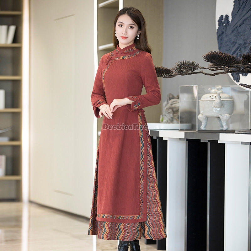 2026 秋の新ベトナム aodai 袍ドレス中国風の気質スリム薄型印刷袍エレガントなヴィンテージ改善されたチャイナ