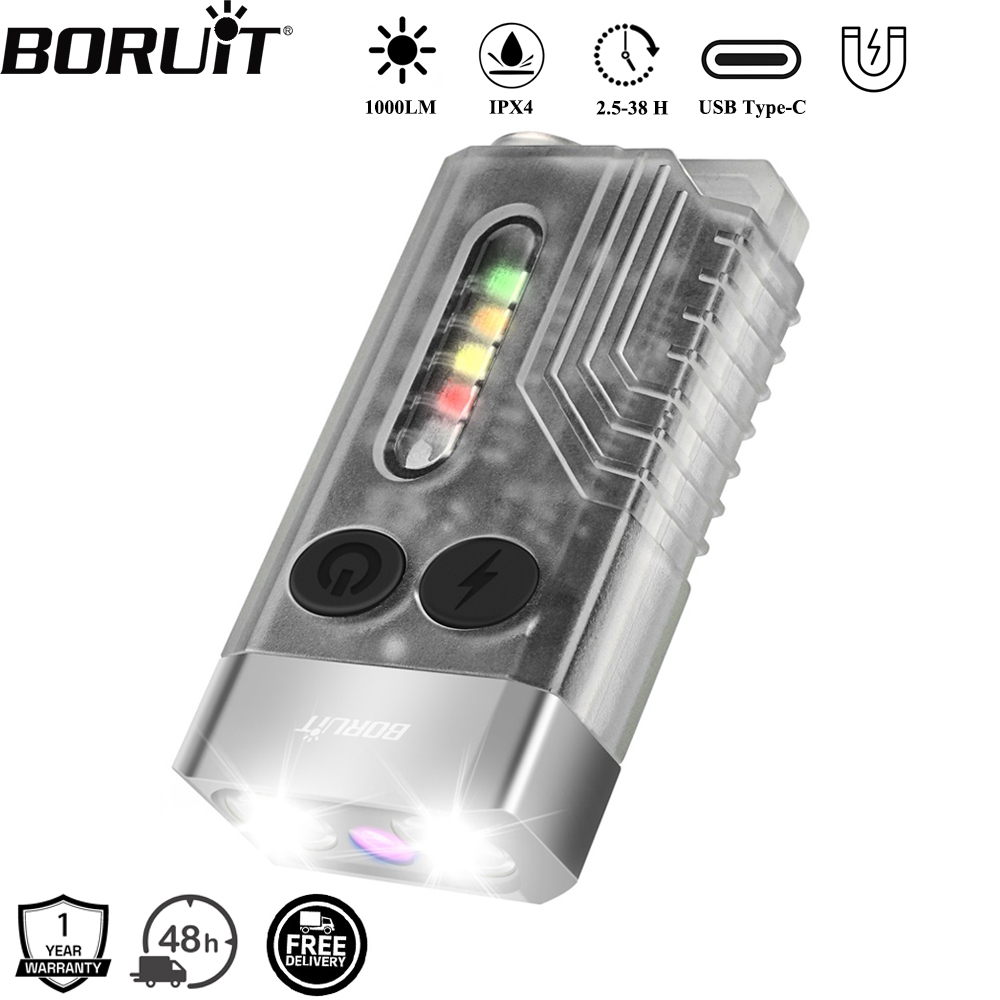 BORUiT V10 1000LM EDC キーホルダー懐中電灯 UV LED Type-C 充電式ワークライトトーチ マグネットブザー付きポケットランタン