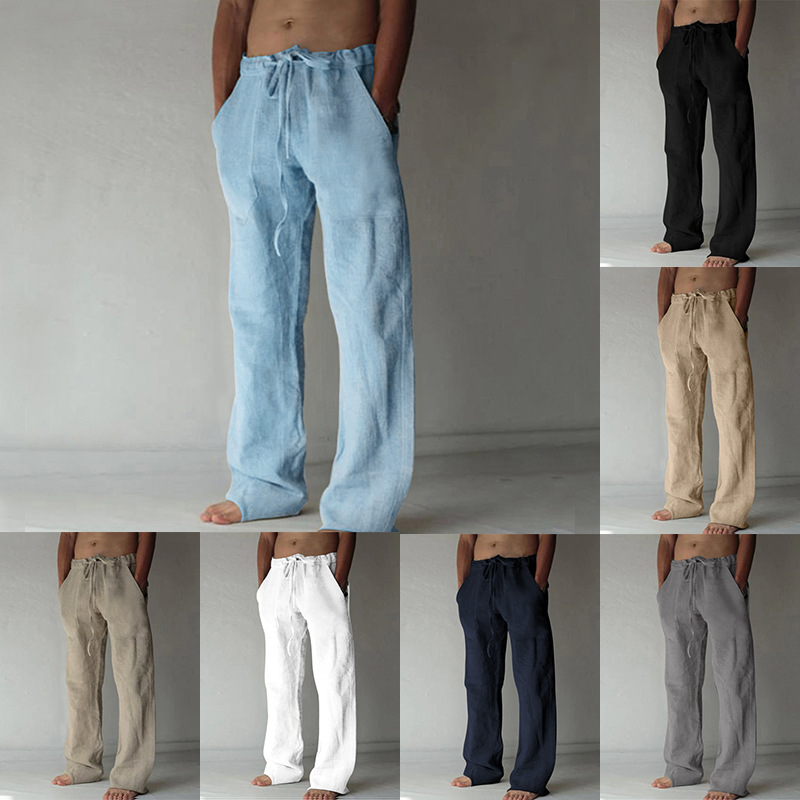 2025 春夏の新メンズ綿と麻パンツ夏のファッションカジュアル無地ルーズプラスサイズ M-4XL