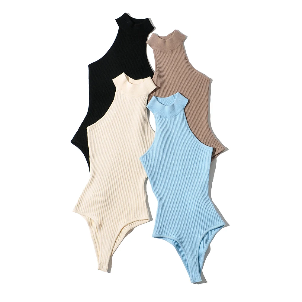 2021 新着女の子夏 4 色固体スキニーセクシーなビーチスタイルスタンドアップカラーホルターノースリーブ Bobysuits