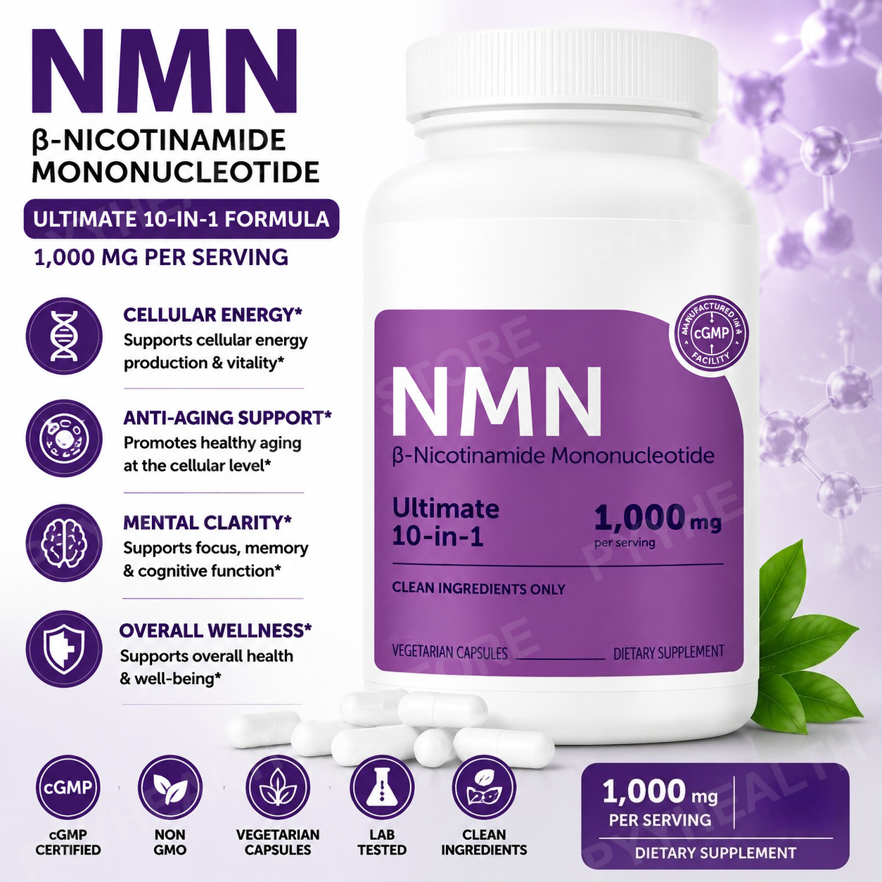 NMN 1000mg ビタミン C NAD 前駆体を含む複合ベジタリアン カプセル グルテンフリー 大豆フリー 毎日の健康サポート 120 カウント