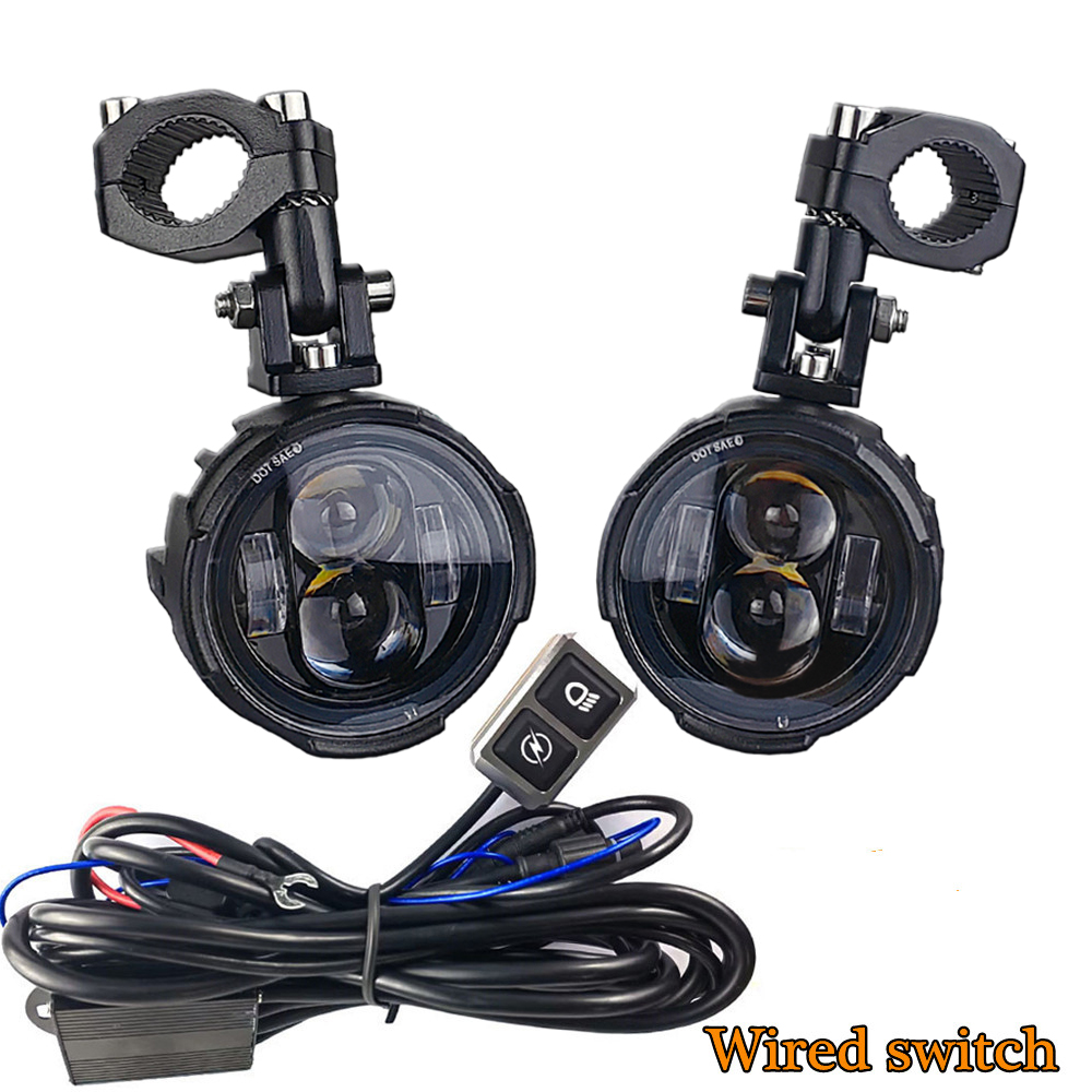 ペア 100W オートバイヘッドライトフォグランプ LED 補助ドライビングライトスポットライトヘッドランプデュアルカラーフラッシャーファロールモトフォグランプ。