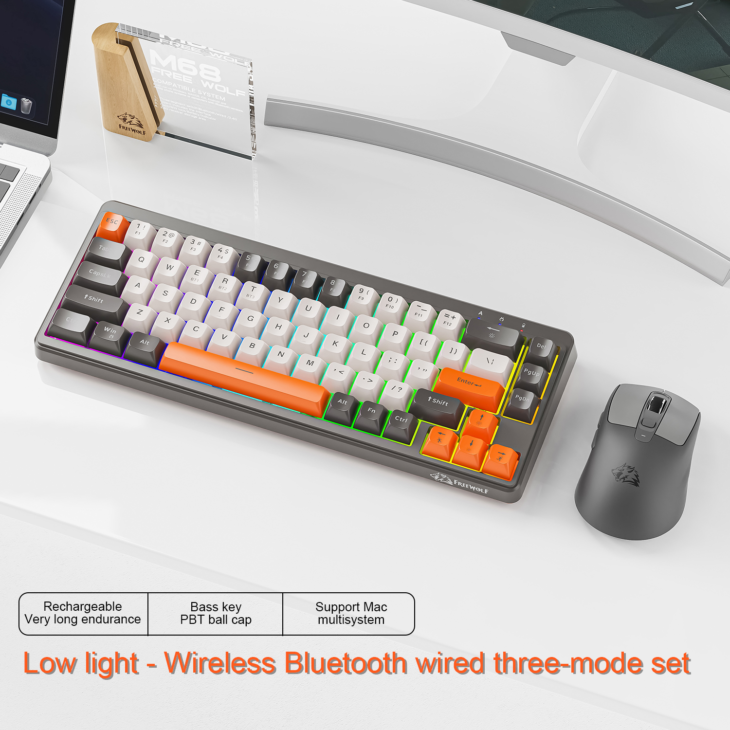 FREEWOLF M68 ワイヤレスキーボードとマウスセットマルチデバイス接続 68 キーミニキーボードと A3 マウスキット PBT キーキャップバックライト