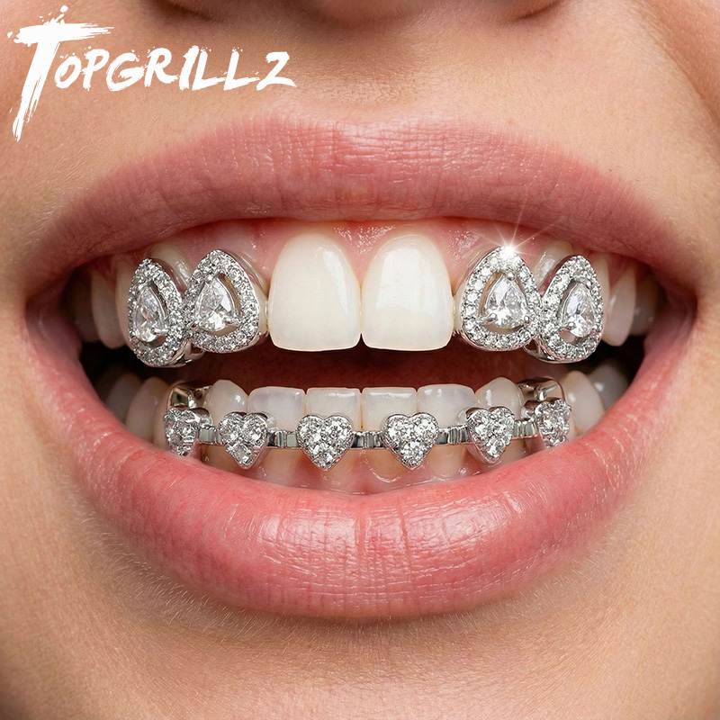 TOPGRILLZ DIY 上下ブリンブリンハートジルコン歯 Grillz パンク 5A CZ 石中空歯キャップ女性男性ジュエリー歯科グリル