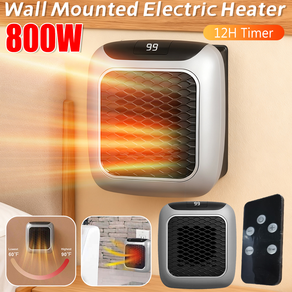 800W ミニヒーター PTC セラミック高速加熱浴室ヒーター リモコン付き、屋内用壁掛け電気ヒーター