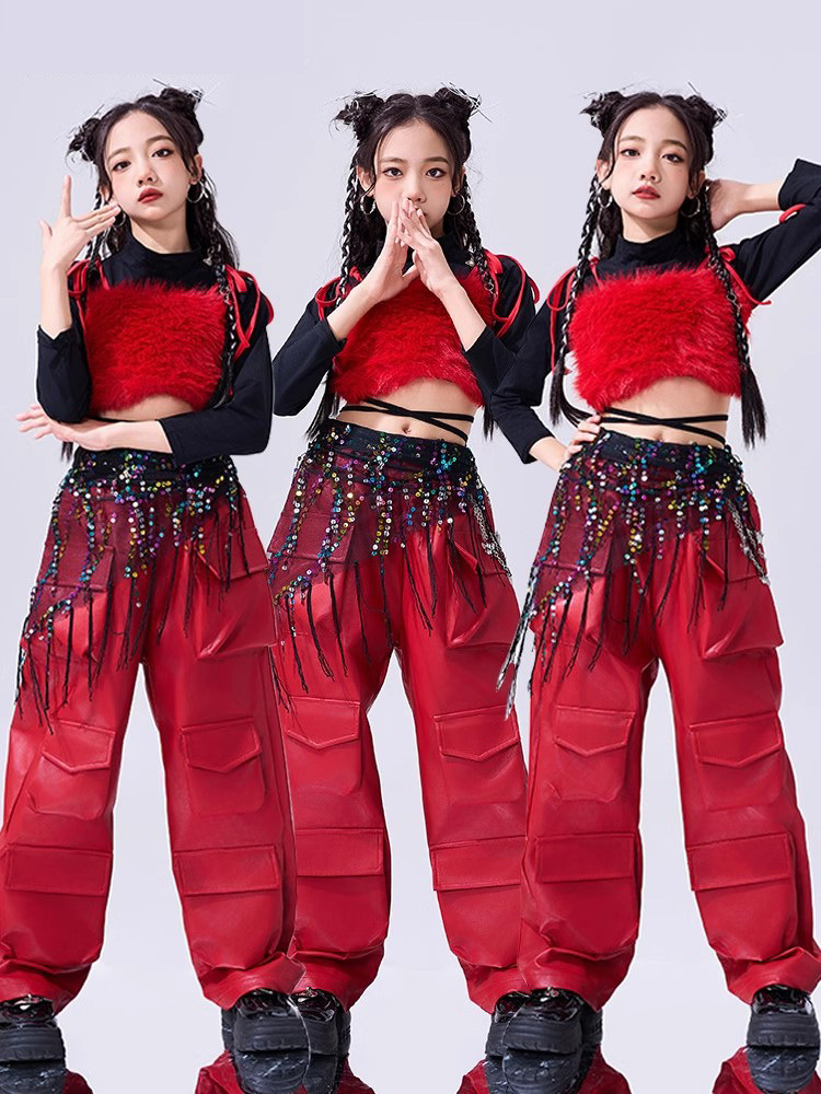 女の子ヒップホップ衣装レッドチューブトップクロップトップレザーパンツ子供用ジャズ服ストリートダンスステージセット