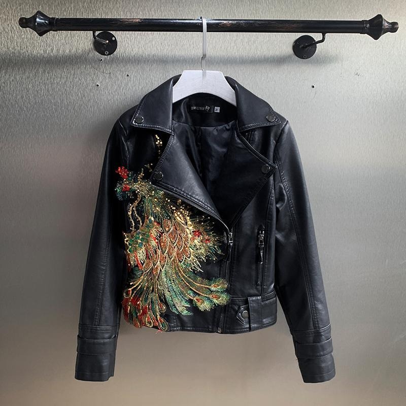 女性のレザージャケット秋の刺繍フェニックスルーズフィットスキニージャケットファッション高級黒防寒女性ジャケット