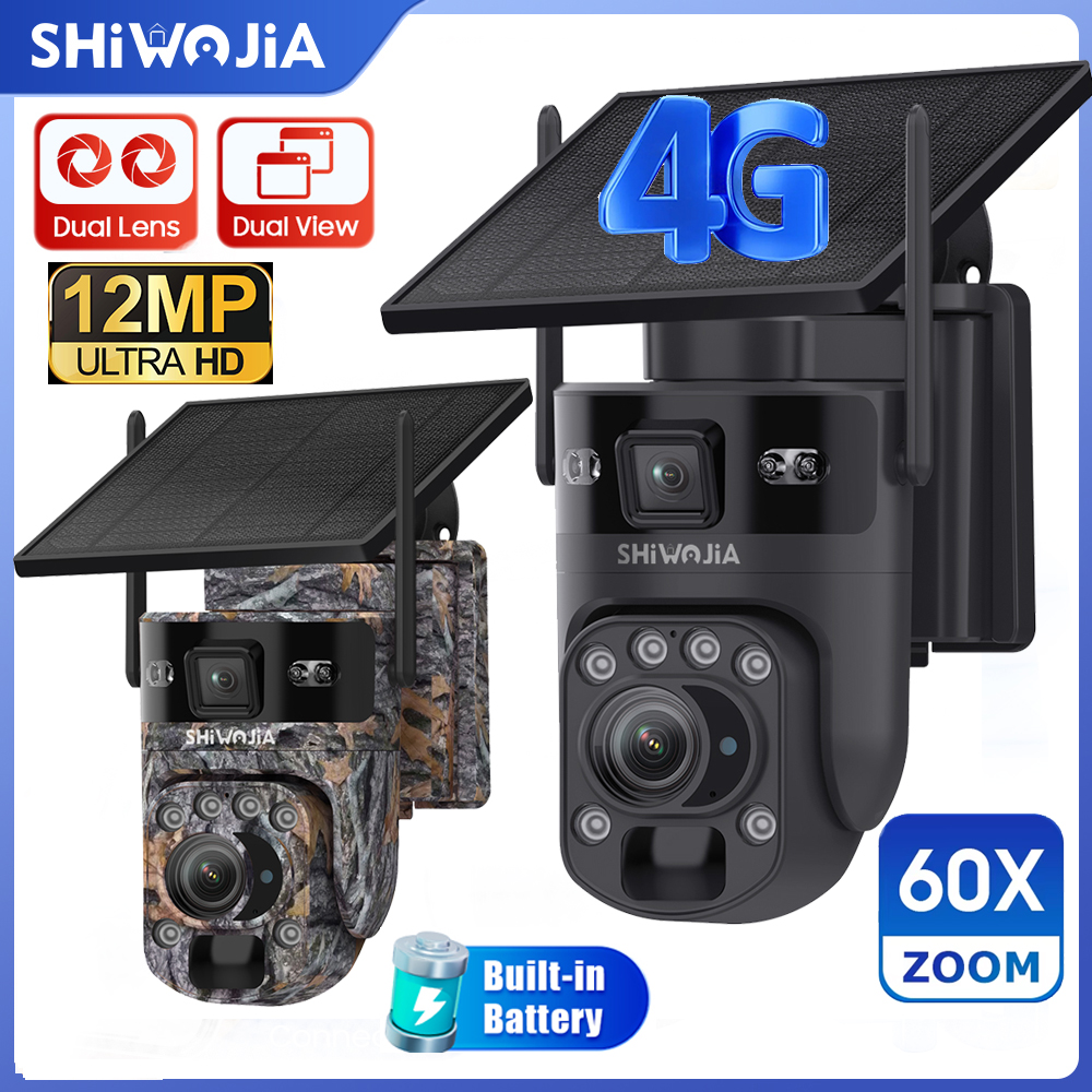 SHIWOJIA 60X ズーム太陽光発電カメラ 4G SIM/WIFI 6K 12MP デュアルスクリーンバッテリー PTZ カメラ PIR モニターナイトビジョン録画カム