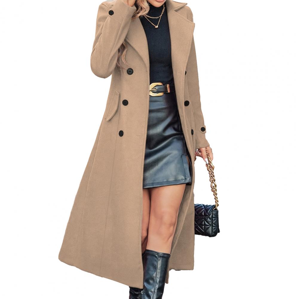 女性の冬のオーバーコートの女性のロングウールコートダブルブレストピーコートクラシックノッチドラペルトレンチコートカジュアル秋冬オーバーコート