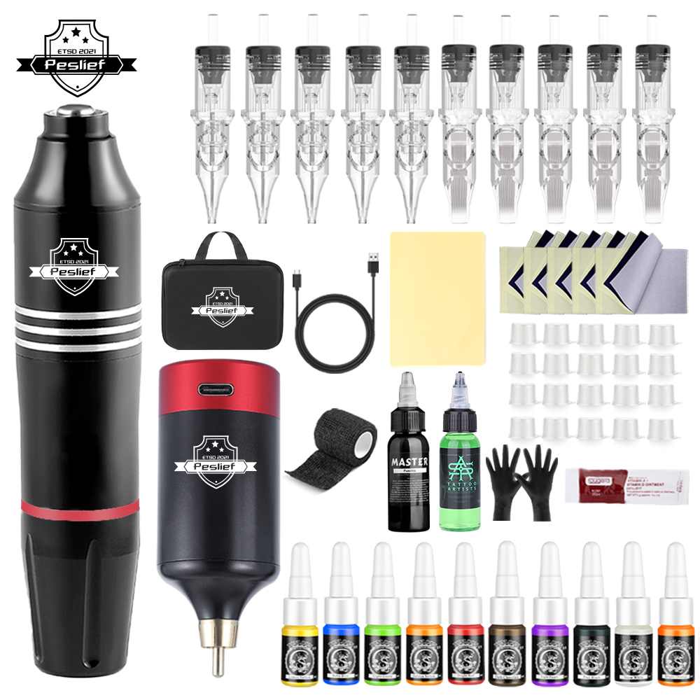 新しいプロフェッショナルタトゥーマシンキット完全なロータリーマシンペンと 10pc カートリッジ針 12pc インクタトゥー初心者セット