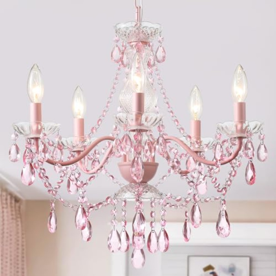 Modern Crystal Pink Chandelier Not Acrylic Crystal Pink Crystals Hanging Pendant Light for Girls Room Ceiling Medallions Farmho