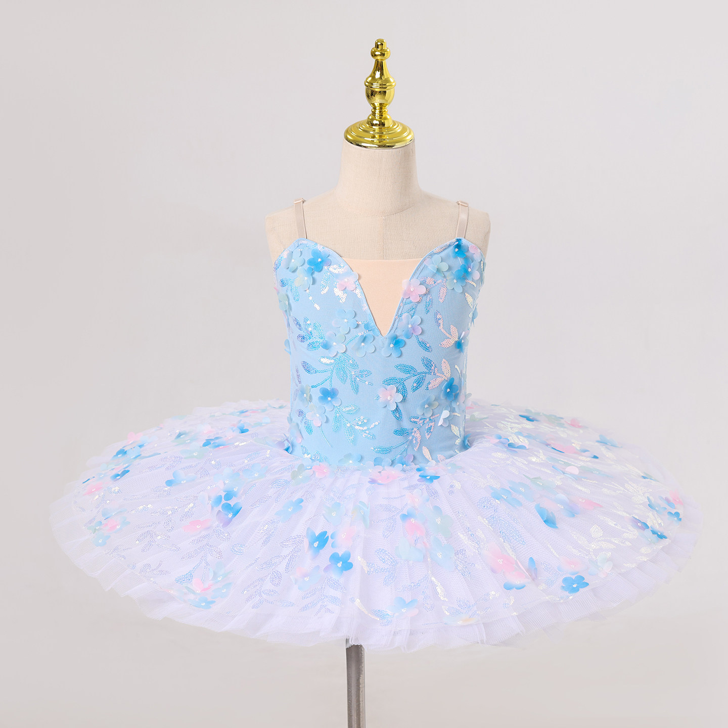 キッズ プロフェッショナル バレエ チュチュ ドレス 女の子用 ブルー フローラル スパンコール チュール バレリーナ コスチューム ステージ パフォーマンス コンペティション用