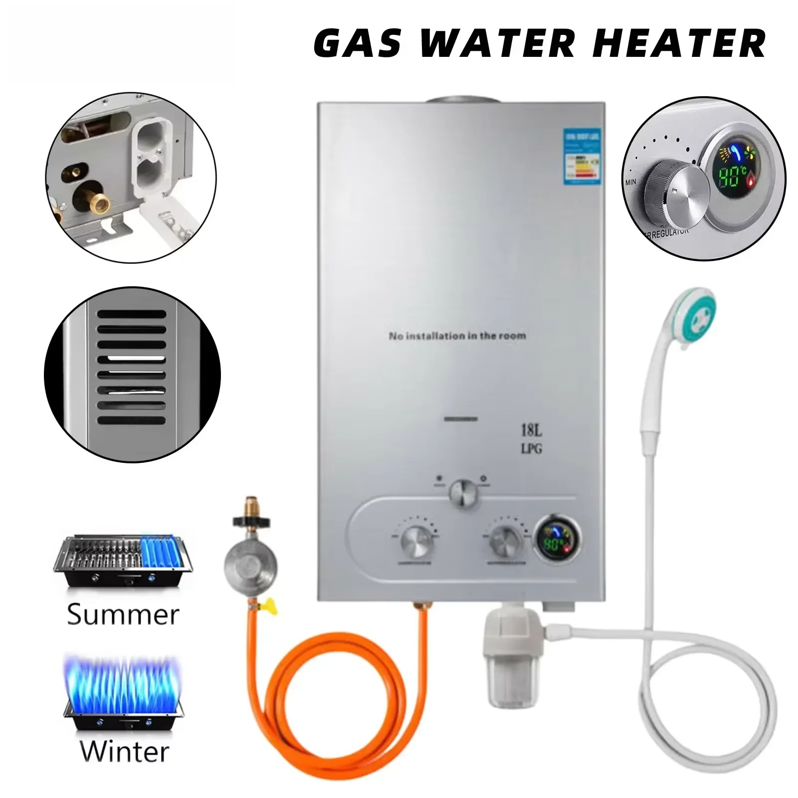 VEVOR 6L 8L 10L 12L 16L 18L LPG ポータブル Instand 給湯器プロパンガス LPG 壁掛けタンクレス給湯器デジタルディスプレイ