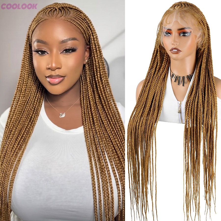ブロンド Fulani コーンロウ編組ウィッグ合成フルレースフロントボックス三つ編みベビーヘア黒人女性のための女神編組髪 36 '
