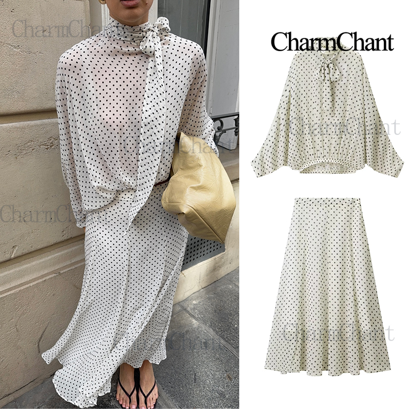 CharmChant レディース ポルカドット シアー シフォン オーバーサイズ シャツ