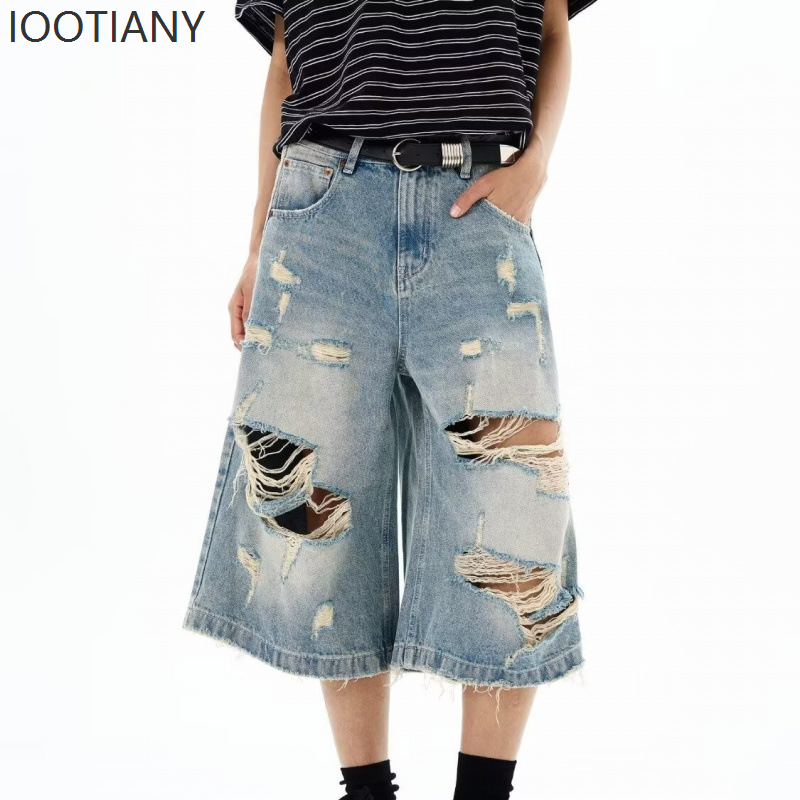 新しい男性ヴィンテージリッピングだぶだぶのショートジーンズ女性グランジユーズド加工特大 Jorts Y2k レトロパンクストリートワイドレッグデニムショーツ