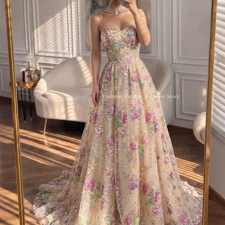 光沢のある花スパンコールイブニングドレスオフショルダーピンク A ラインウエディングドレス高級イブニングガラドレス女性カスタマイズ
