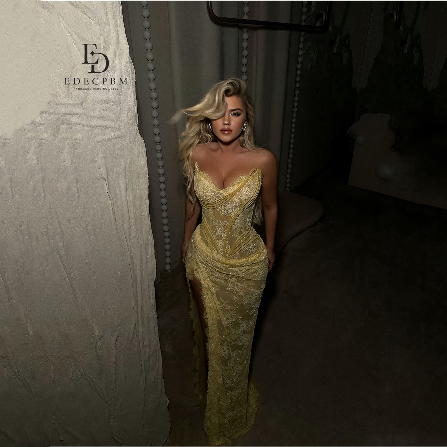 EDECPBM Lace Evening Dresses فساتين سهرة Vestidos De Festa Customized Yellow Mermaid Beautiful Prom Dresses Store Sexy 2025