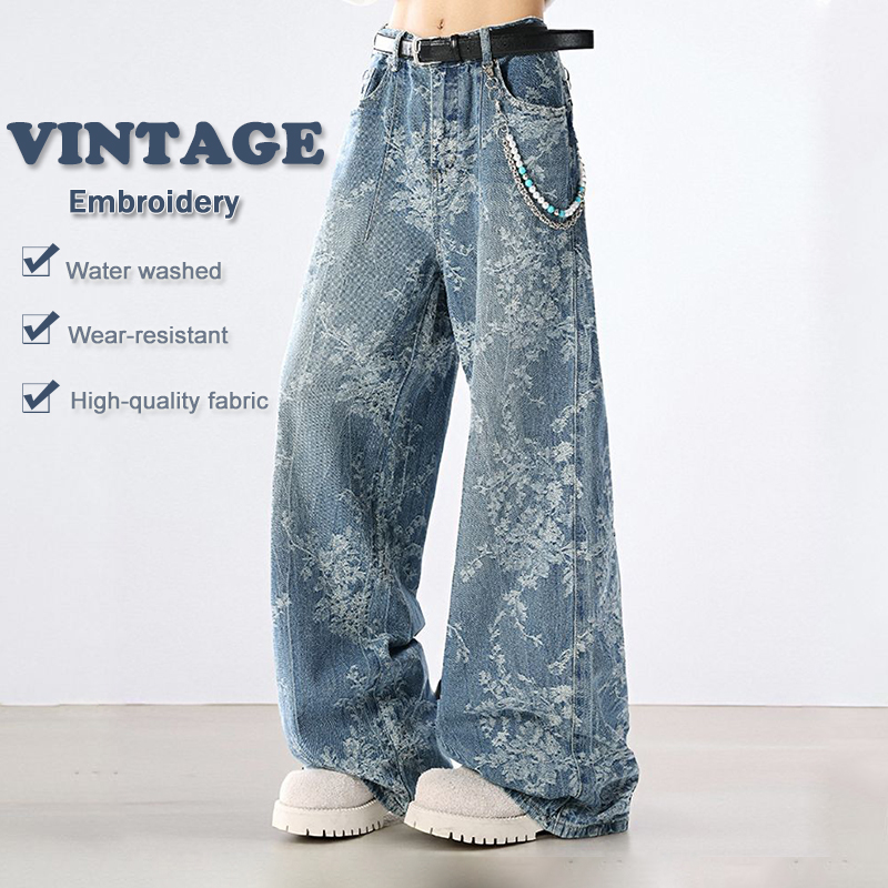 刺繍ジーンズ秋冬新スタイルルーズワイドレッグパンツレトロストレート耐摩耗性水洗い床丈パンツ