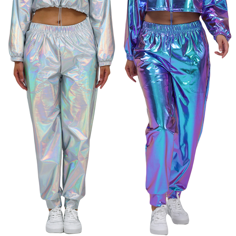 女性ホログラフィックヒップホップフェイクレザーメタリックルースワイドレッグパーティージャズ衣装コスプレ光沢のあるストリートダンスパンツ大人のための