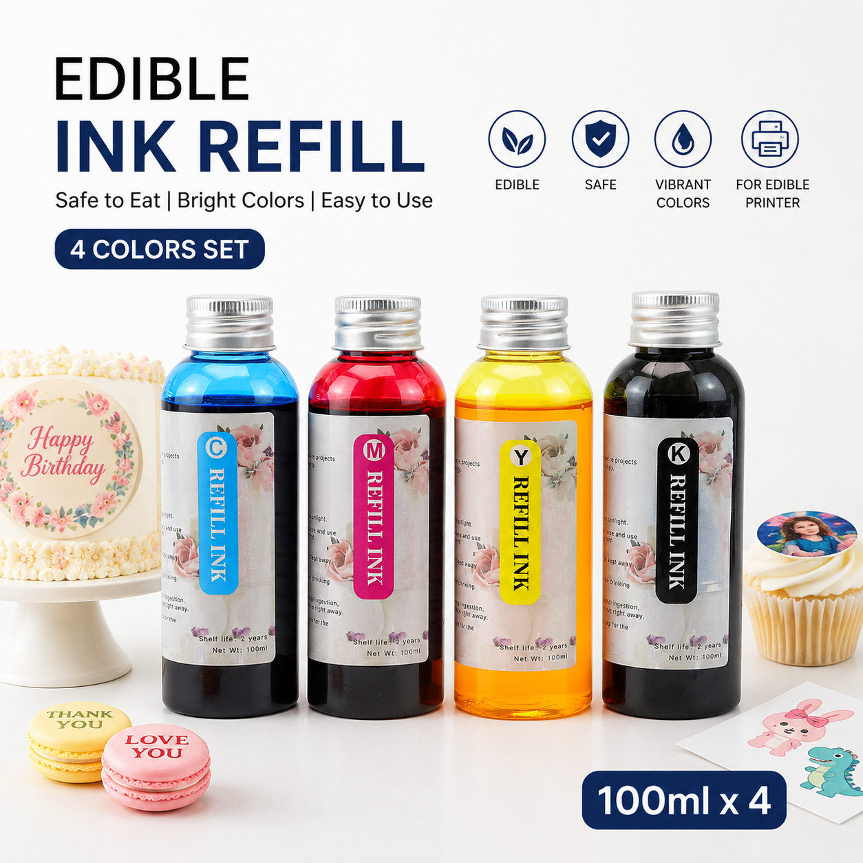4色CMYK食用インク詰め替えキット、100ml/ボトル食品グレードの安全なインク、ケーキコーヒーチョコレートプリンター用、エプソンHPキヤノンブラザー食用インクジェットと互換性あり、DIYベーカリーデコレーション印刷用品