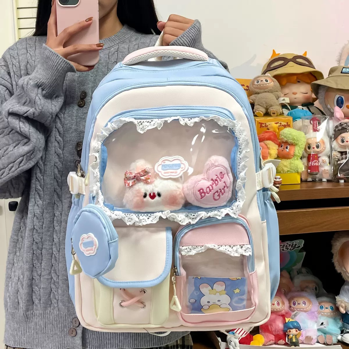 新しい Y2K かわいい小銭入れ Ita バックパック甘い女の子透明リュックサック大容量学生通学大学屋外ナップザック