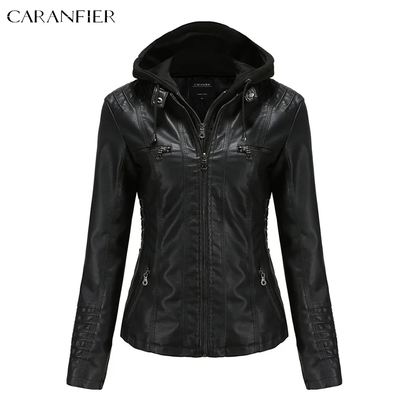 CARANFIER 女性ジャケットフェイクレザー PU フード付きジャケット女性の冬春オートバイストリートゴスコート取り外し可能な帽子