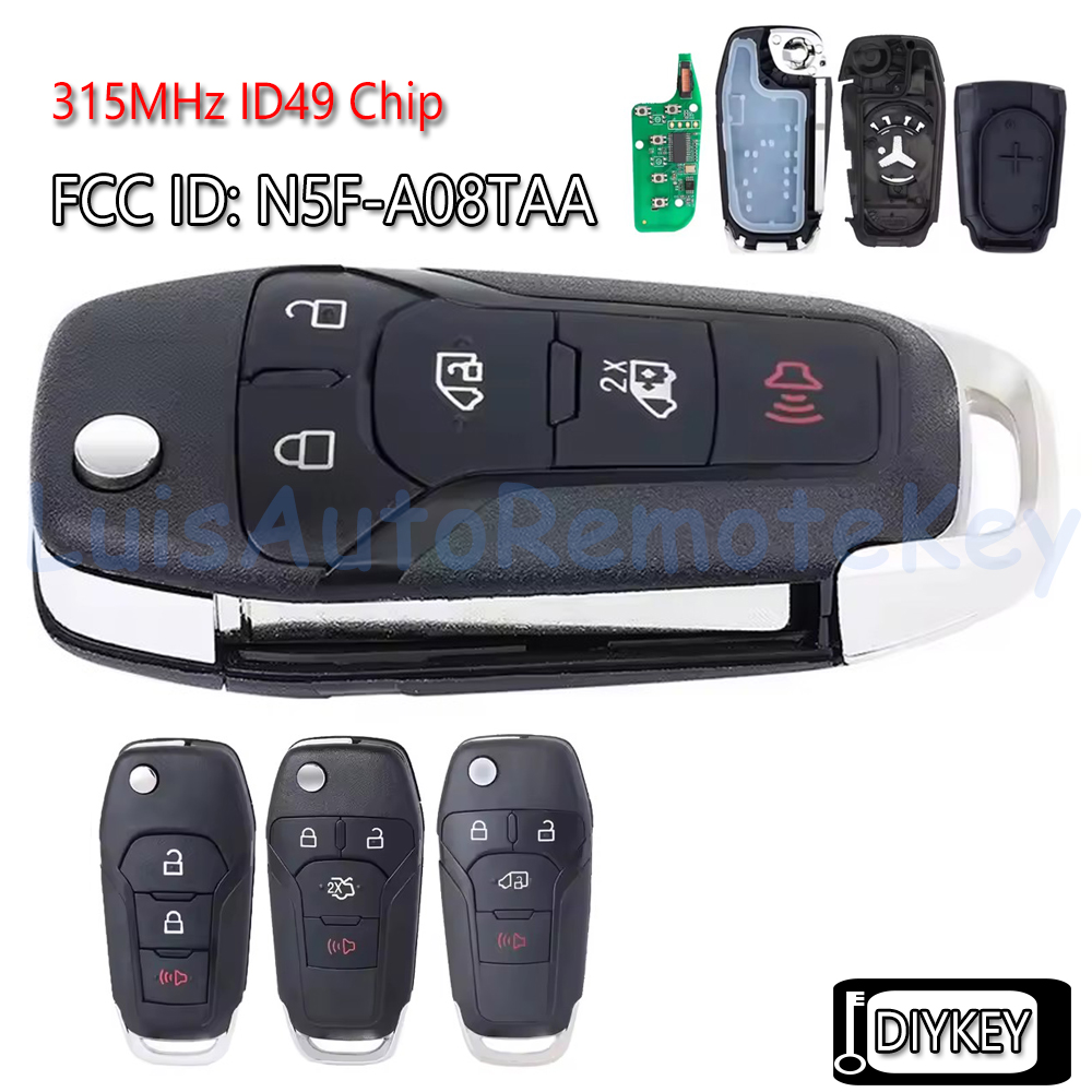 3 / 4 / 5 Buttons Flip Remote Car Key Fob 315MHz ID49 Chip for Ford Escort Fusion Transit F-150 F-250 2013-2023 N5F-A08TAA