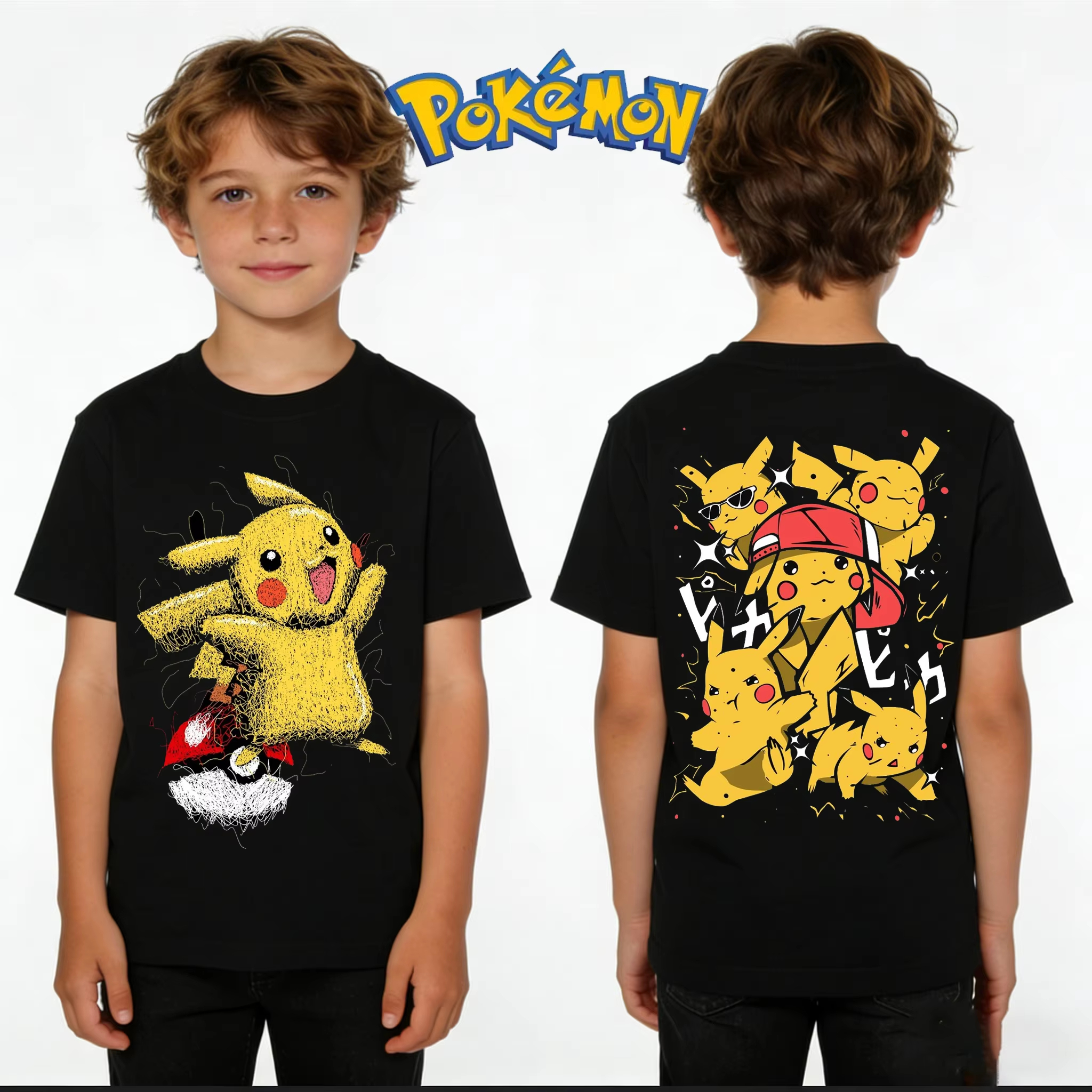 ポケモンピカチュウ Tシャツキッズプリント Tシャツ少年少女夏 Y2K 原宿ルーズカジュアル半袖トップ子供のためのレトロ新