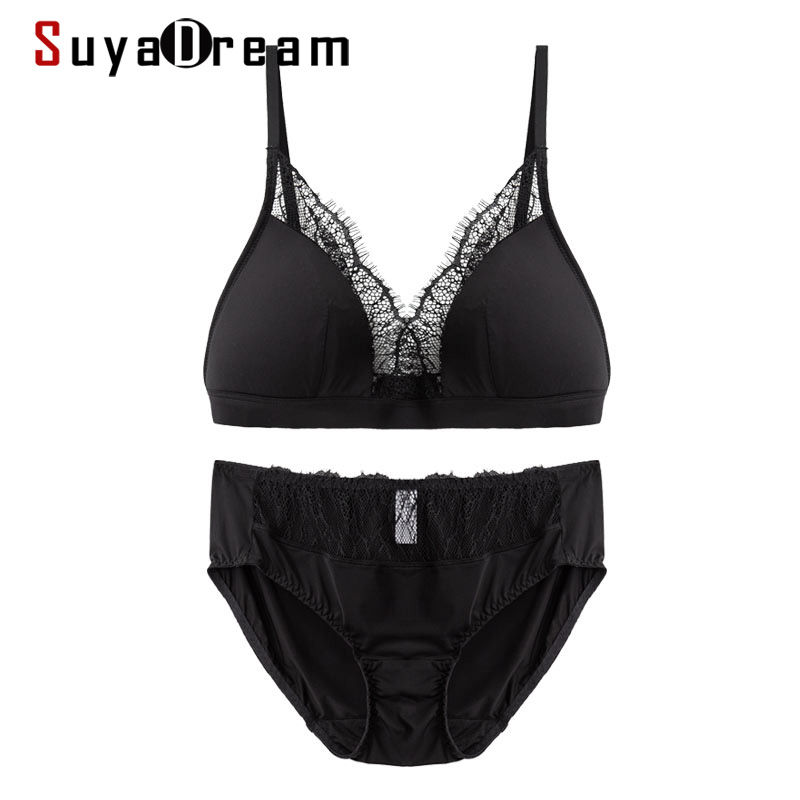 SuyaDream Bra Set 100%Real Silk and Lace Wire Free Comfort Bras and Panties Thin padding Healthy Underwears