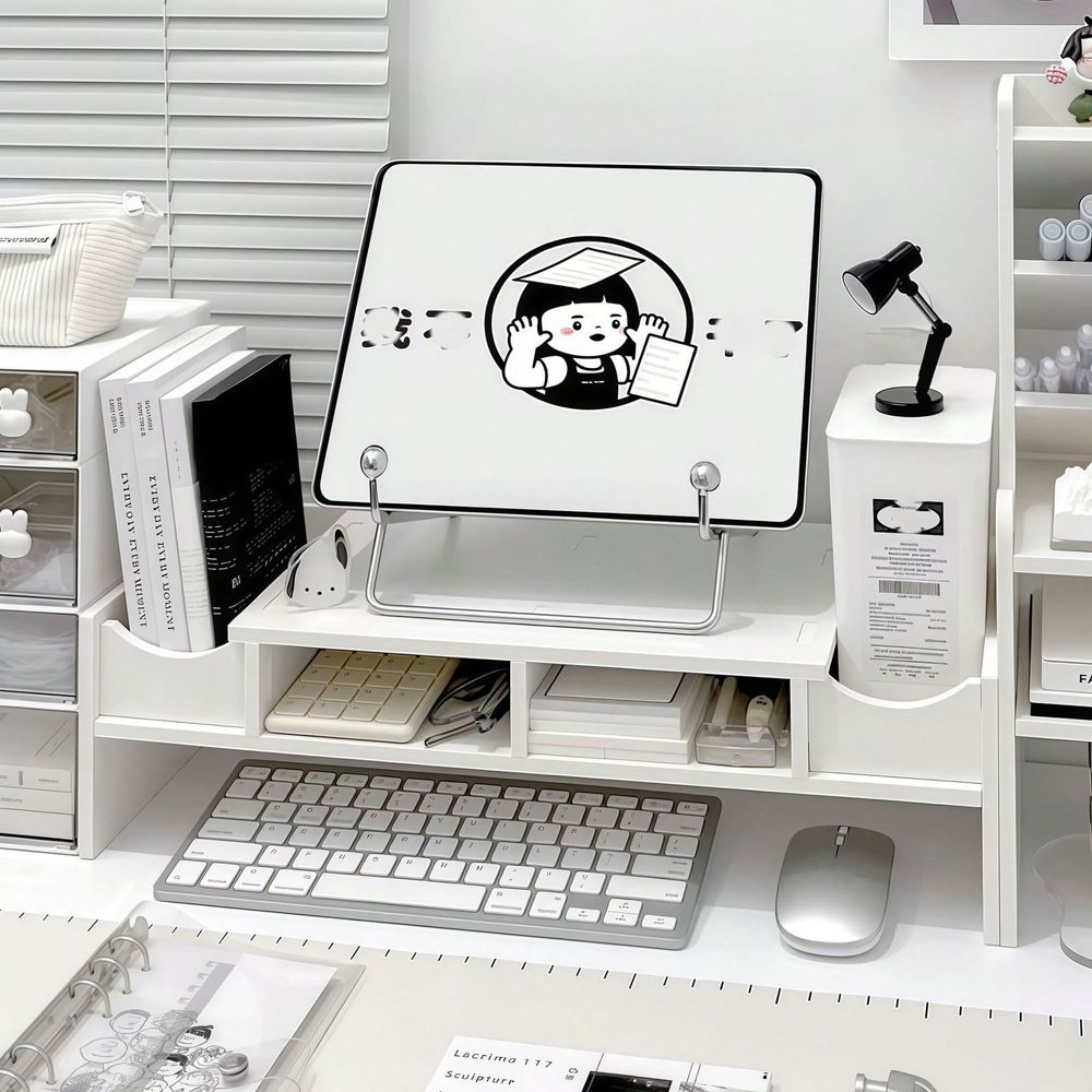 ホワイト多機能コンピュータモニターライザースタンド、デスクオーガナイザー引き出しストレージ隆起プラットフォーム、オフィスデスクトップディスプレイホールド