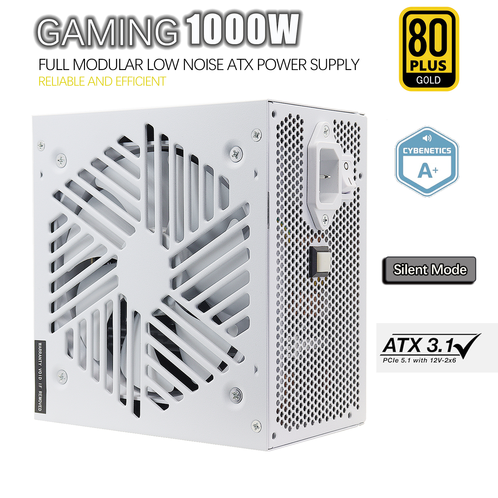 1000W フルモジュラー電源ユニット 80+ Gold認証 | 120mm ゼロRPM 低騒音ファン | ATX 3.1 および PCIe 5.1 対応 | 12V-2x6 コネクタ